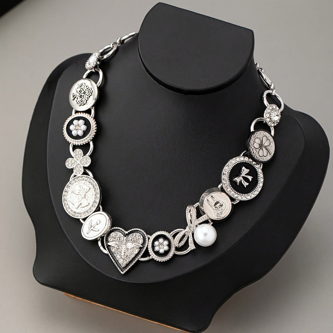 Gothic Heart Button Charm Necklace