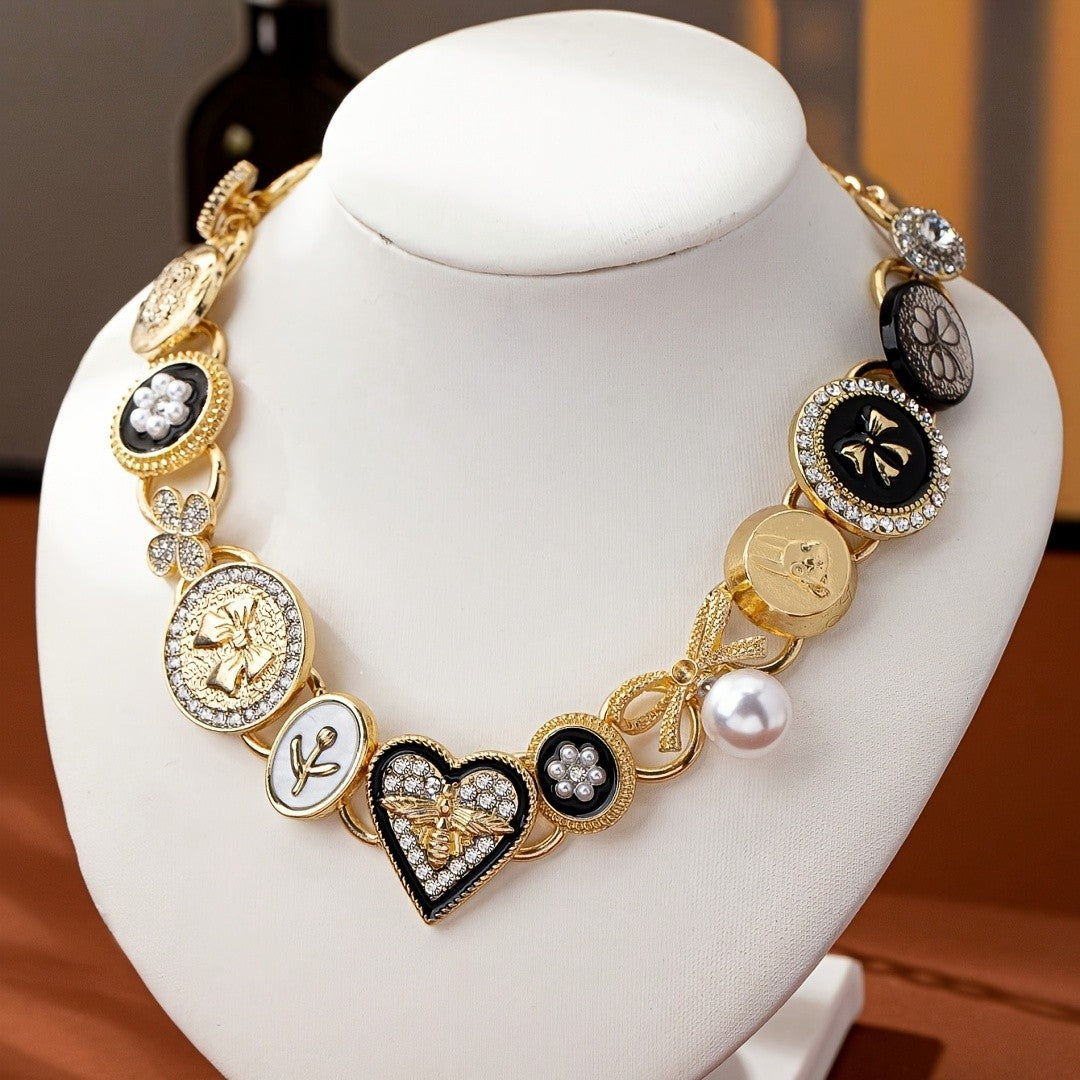 Gothic Heart Button Charm Necklace