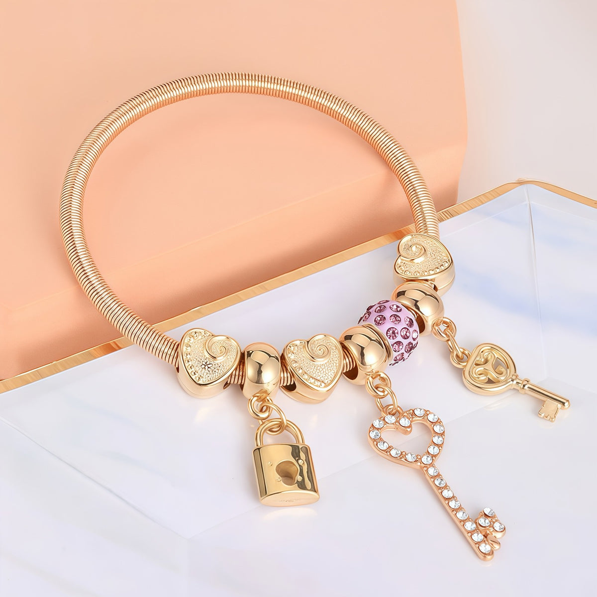 Gold Heart Key Lock Charm Bracelet