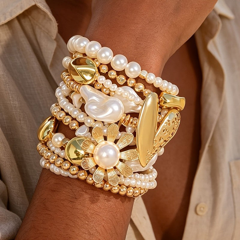 Multi-Layer Pearl and Gold Flower Bracelet Set