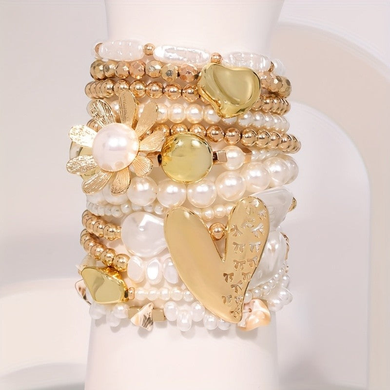 Multi-Layer Pearl and Gold Flower Bracelet Set