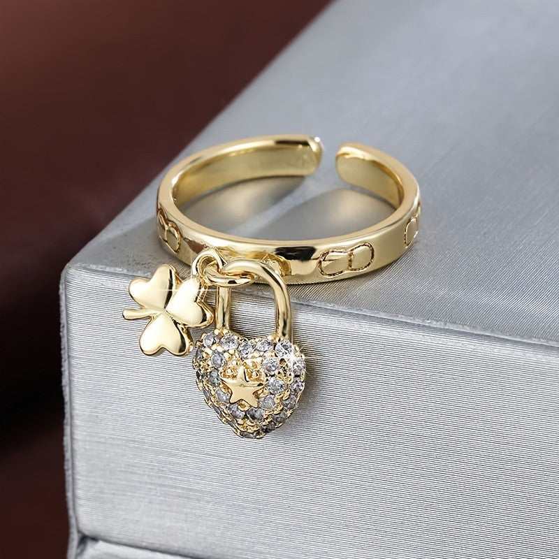 Adjustable Heart Lock Stone Ring