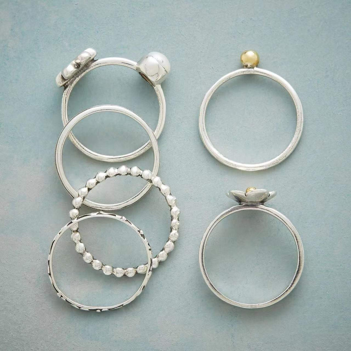 S925 Flower and Pearl Stackable Ring Set