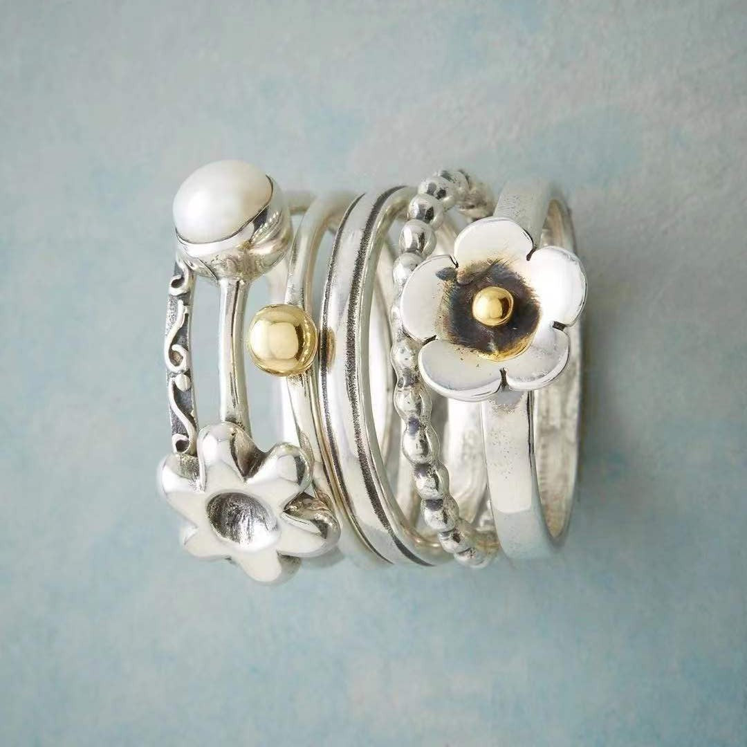 S925 Flower and Pearl Stackable Ring Set