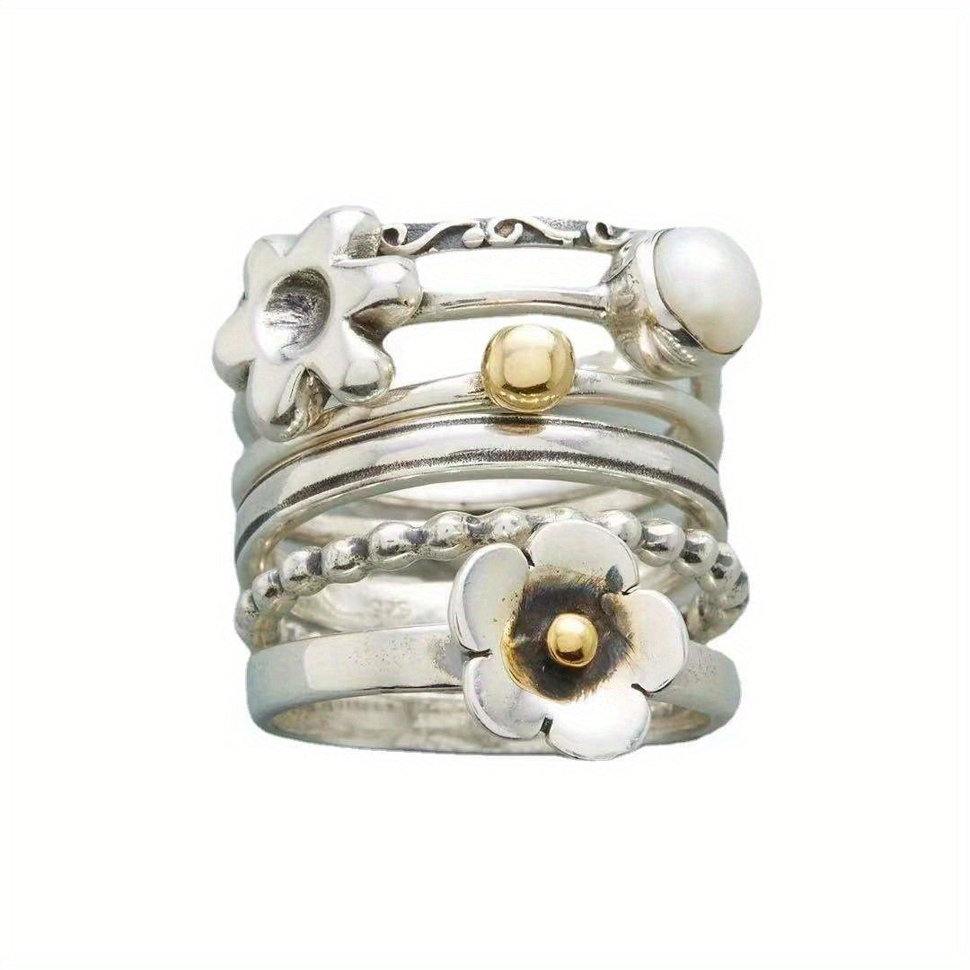 S925 Flower and Pearl Stackable Ring Set
