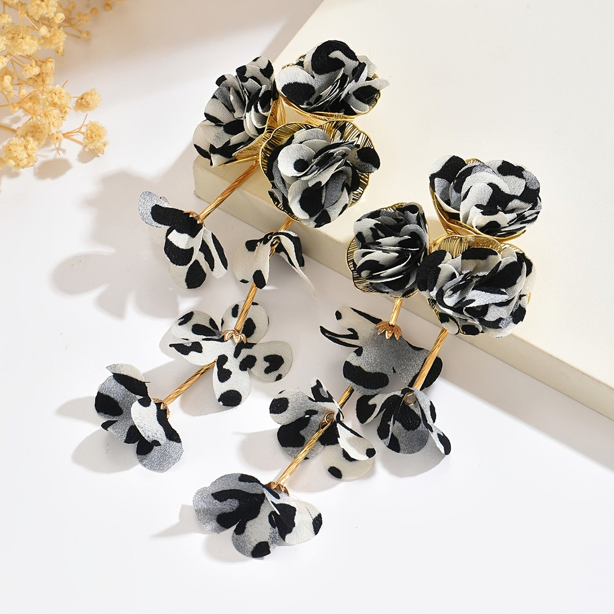 Vintage Leopard Print Cascading Flower Earrings
