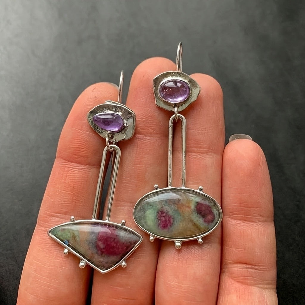 Asymmetric Vintage Ruby Stone Drop Earrings