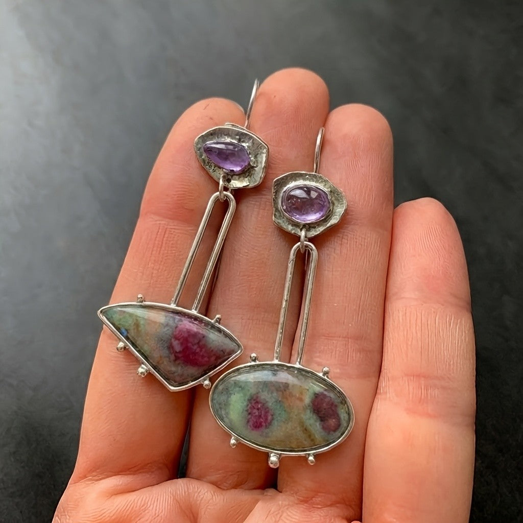 Asymmetric Vintage Ruby Stone Drop Earrings
