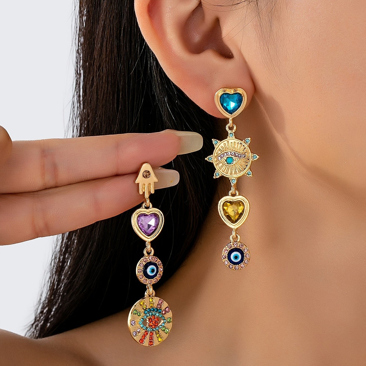 Asymmetric Boho Heart Evil Eye Earrings