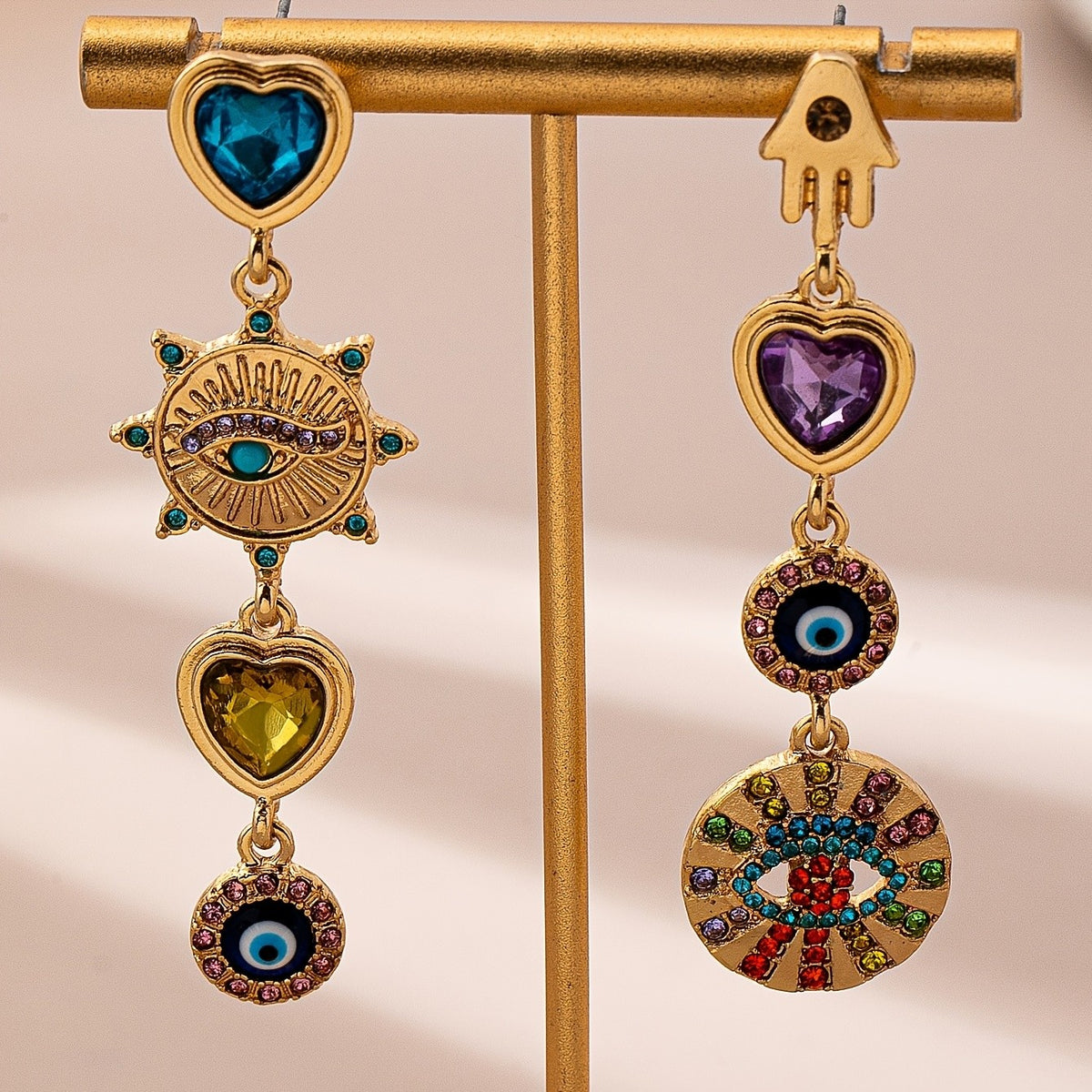 Asymmetric Boho Heart Evil Eye Earrings
