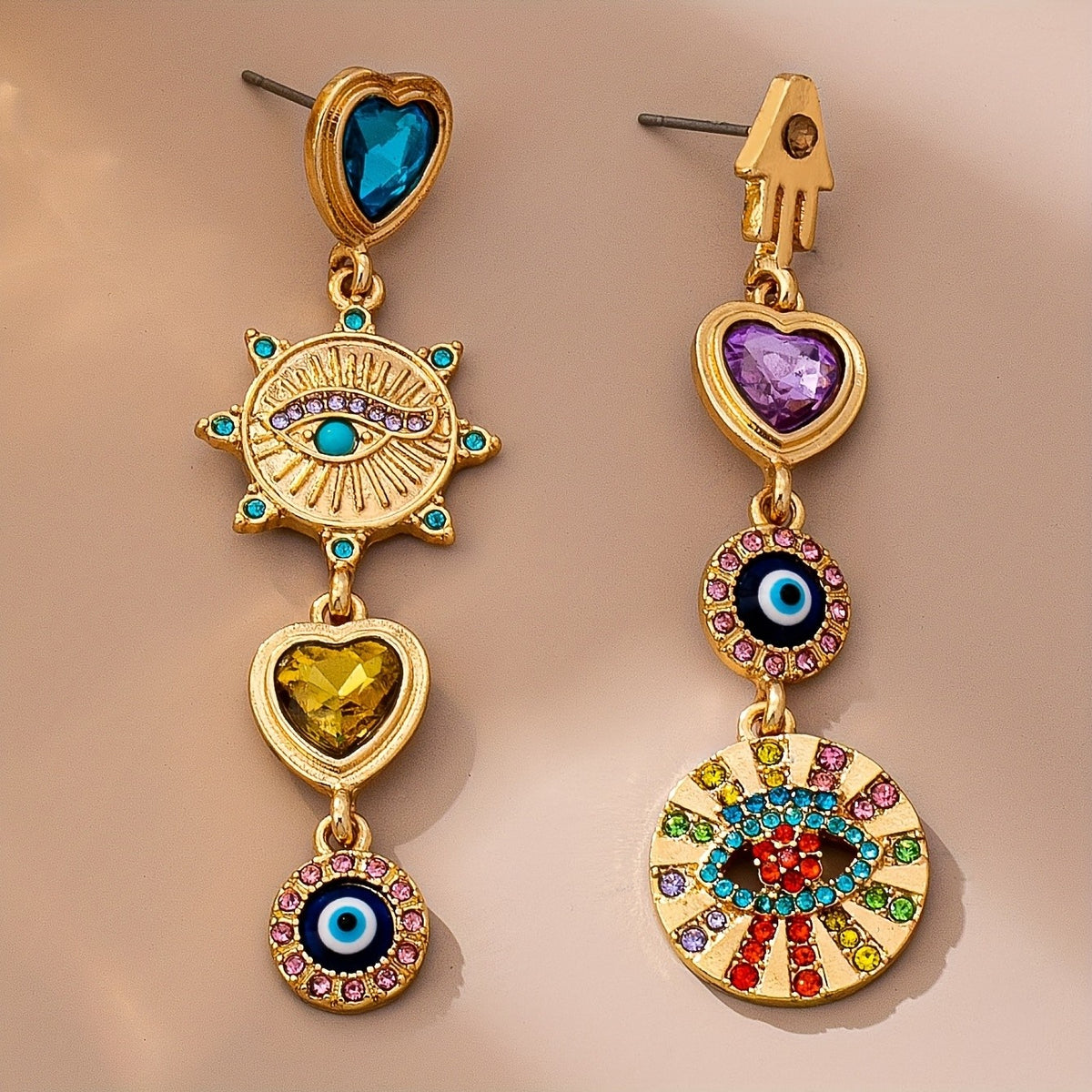 Asymmetric Boho Heart Evil Eye Earrings
