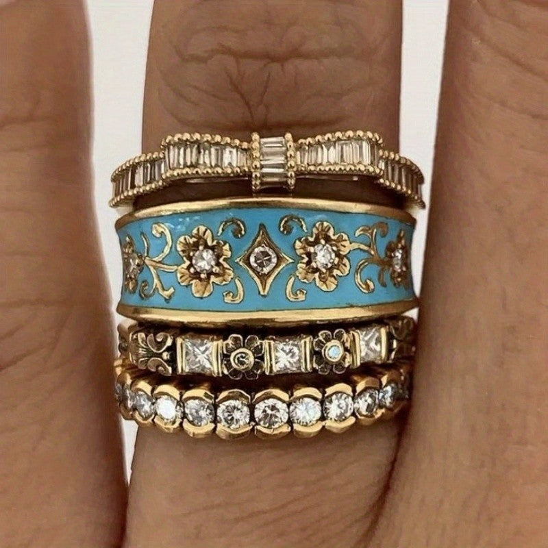 Vintage Floral Enamel Stacking Ring Set