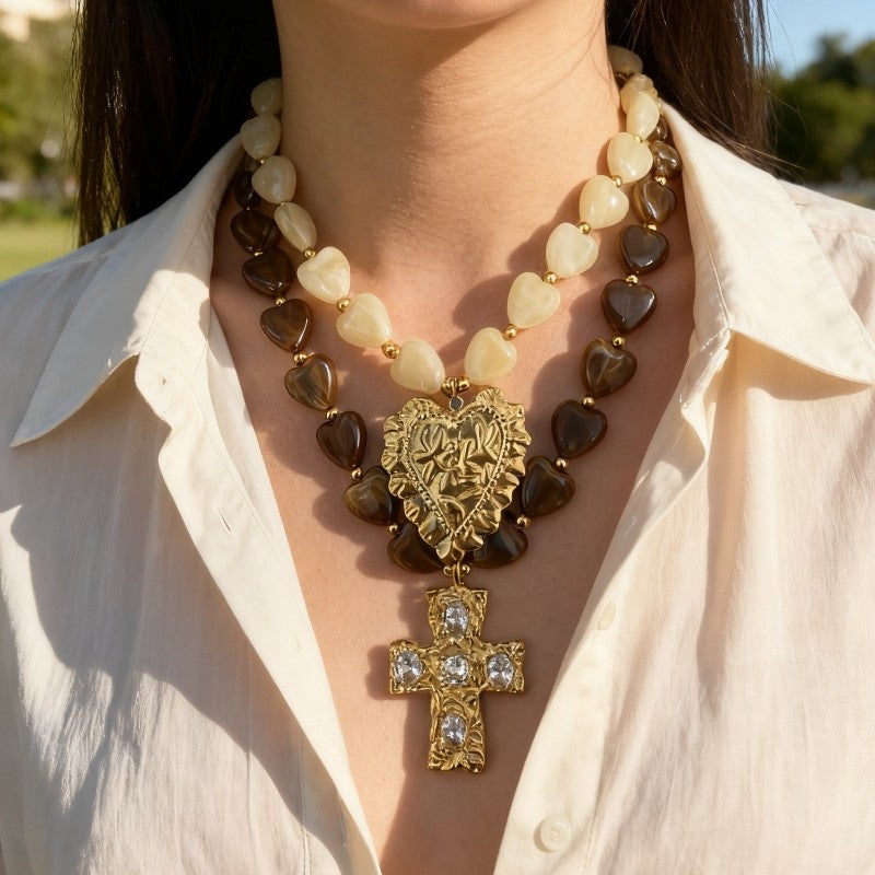 18k Layered Heart Bead Cross Necklace