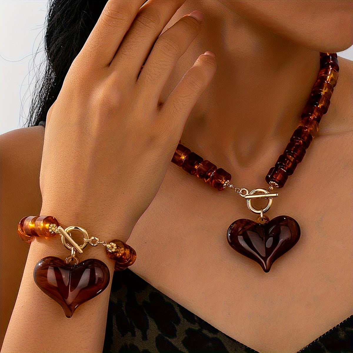 Amber Beaded Heart Pendant Necklace