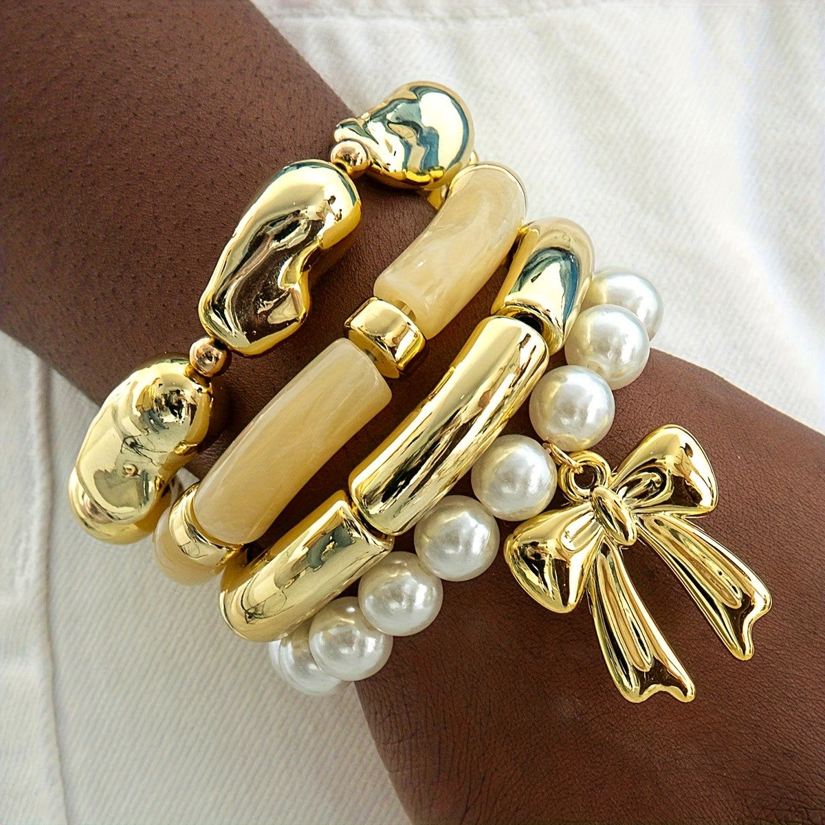 Irregular Bow Pearl Bead Bracelet Set