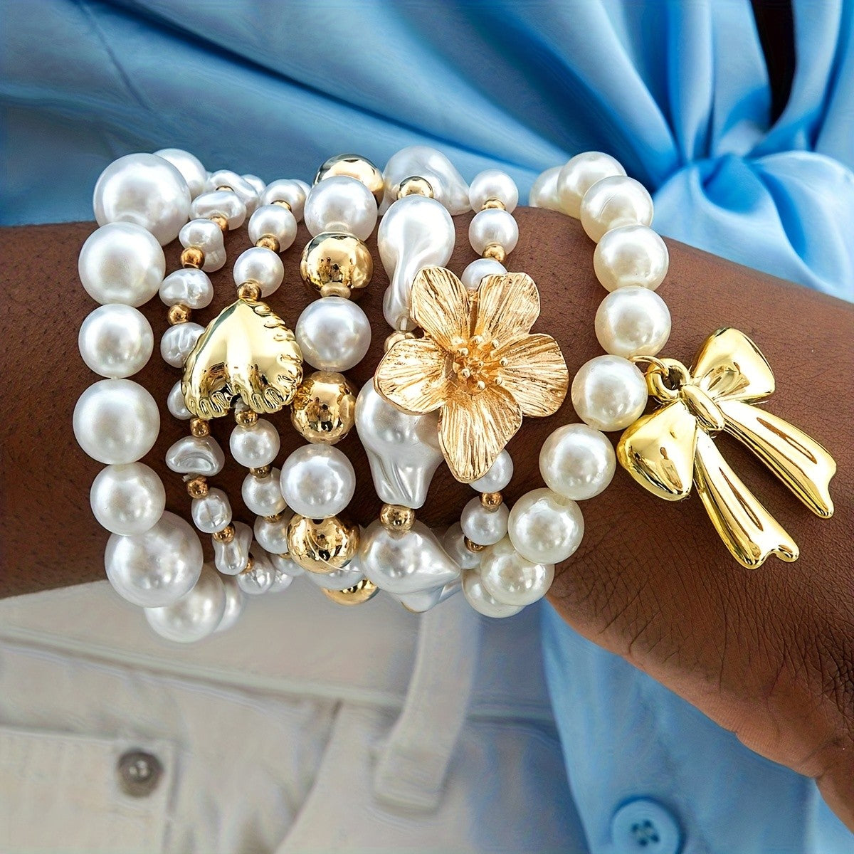 Irregular Bow Pearl Bead Bracelet Set