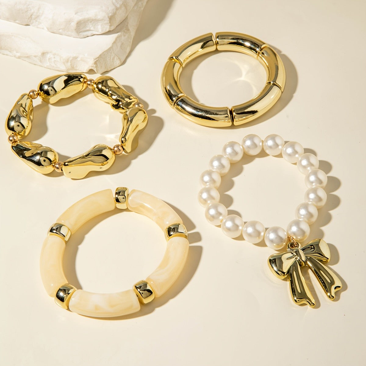 Irregular Bow Pearl Bead Bracelet Set