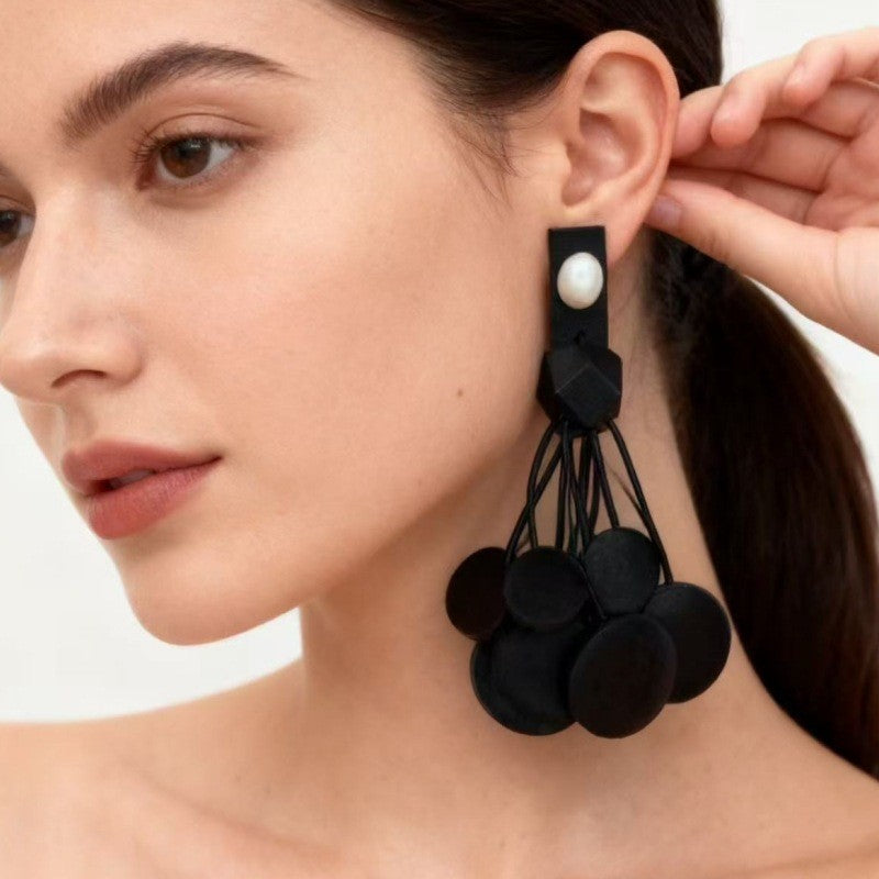 Vintage Black Geometric Pearl Drop Earrings