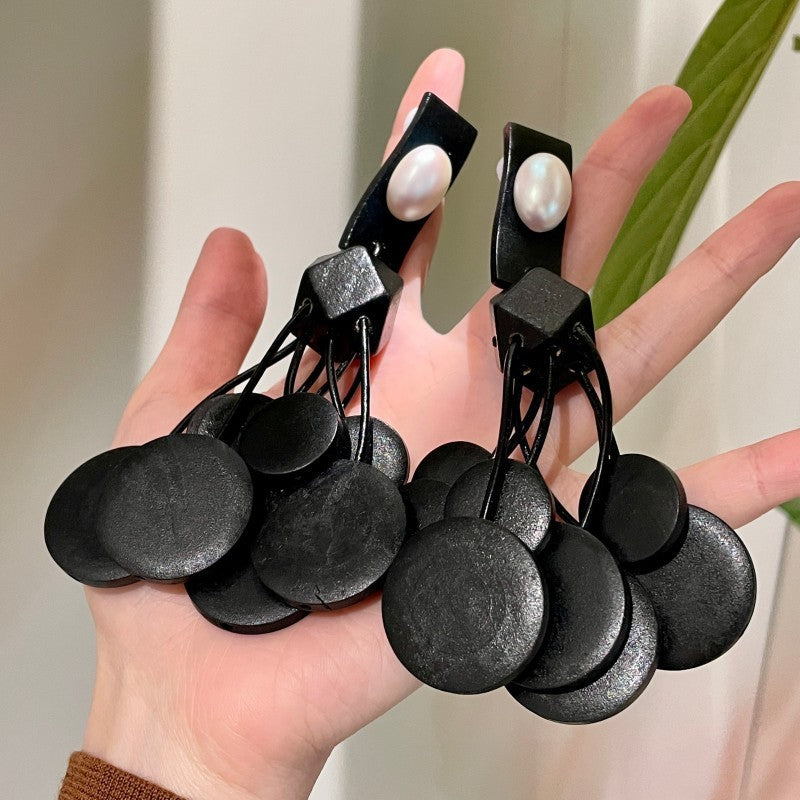 Vintage Black Geometric Pearl Drop Earrings