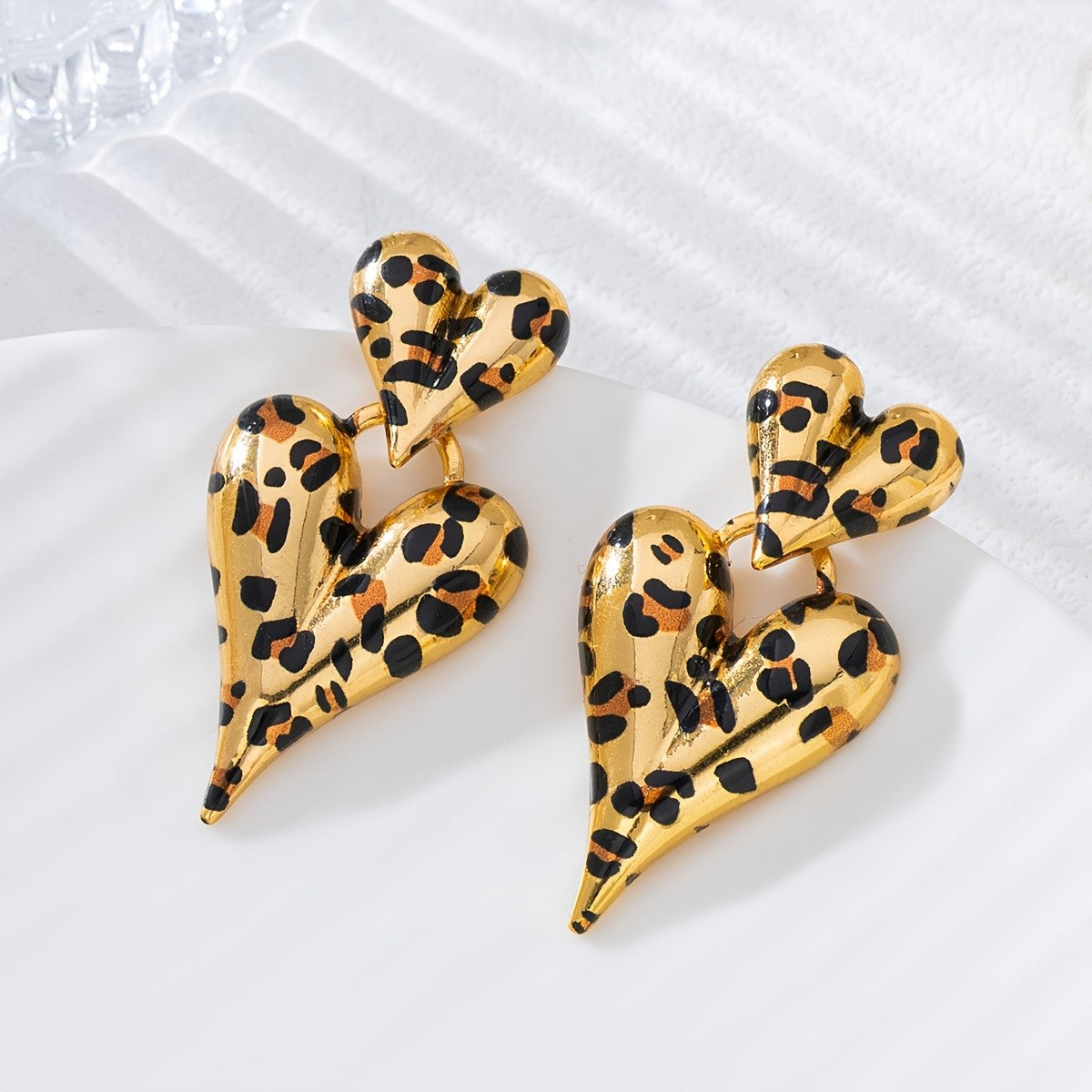 Vintage Leopard Print Double Heart Earrings