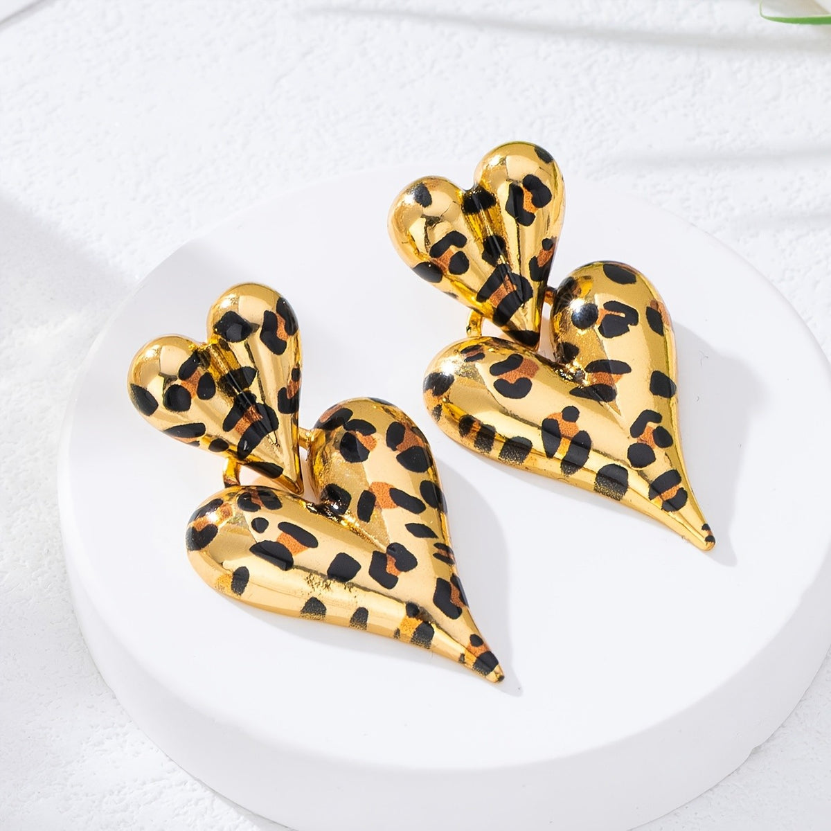Vintage Leopard Print Double Heart Earrings
