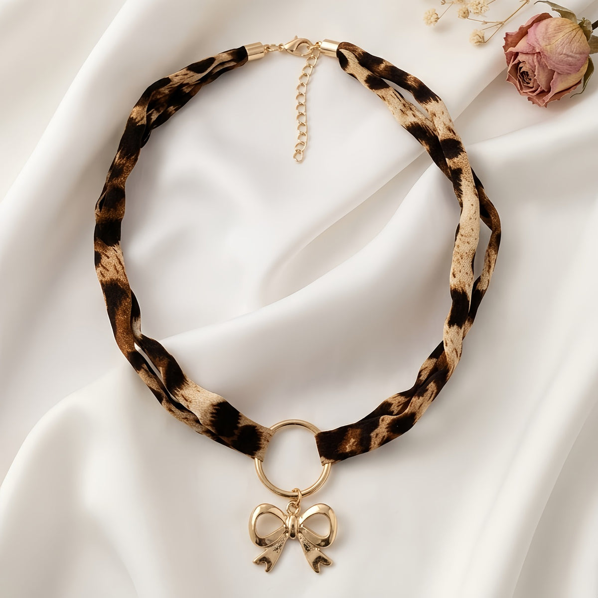 Leopard Print Bow Pendant Necklace