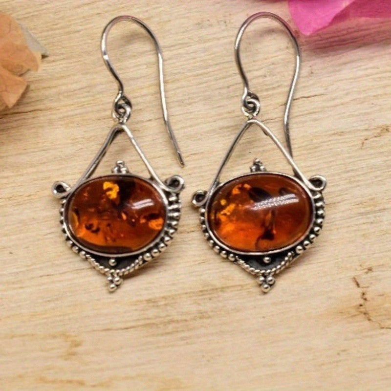 S925 Oval Amber Drop Earrings