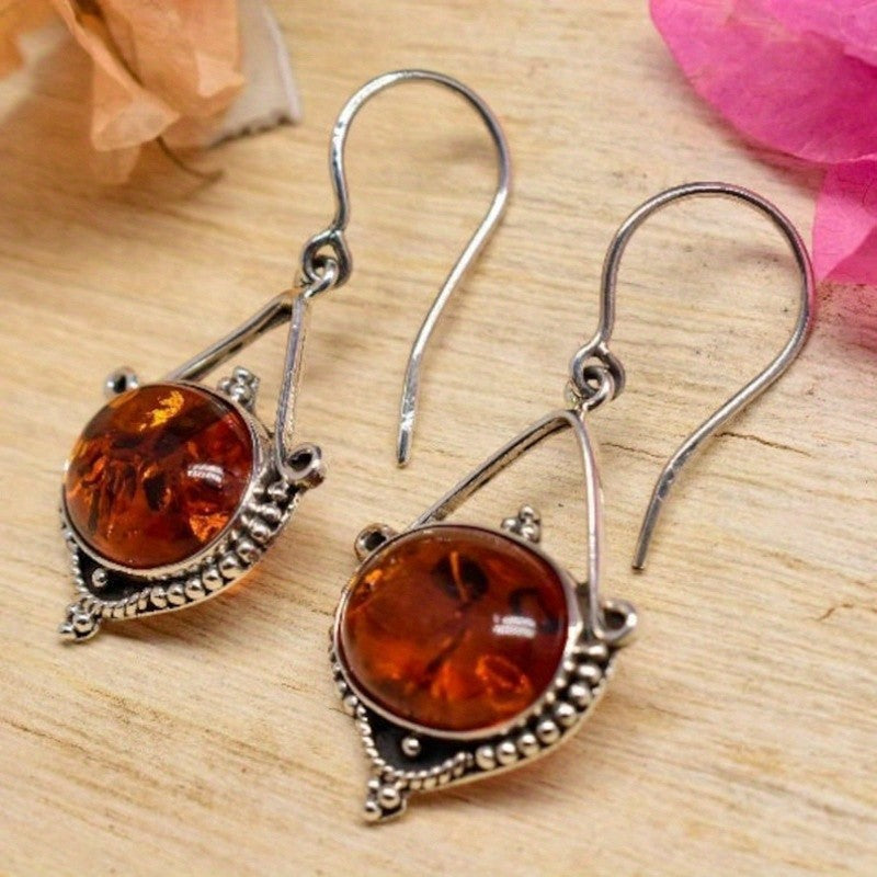 S925 Oval Amber Drop Earrings