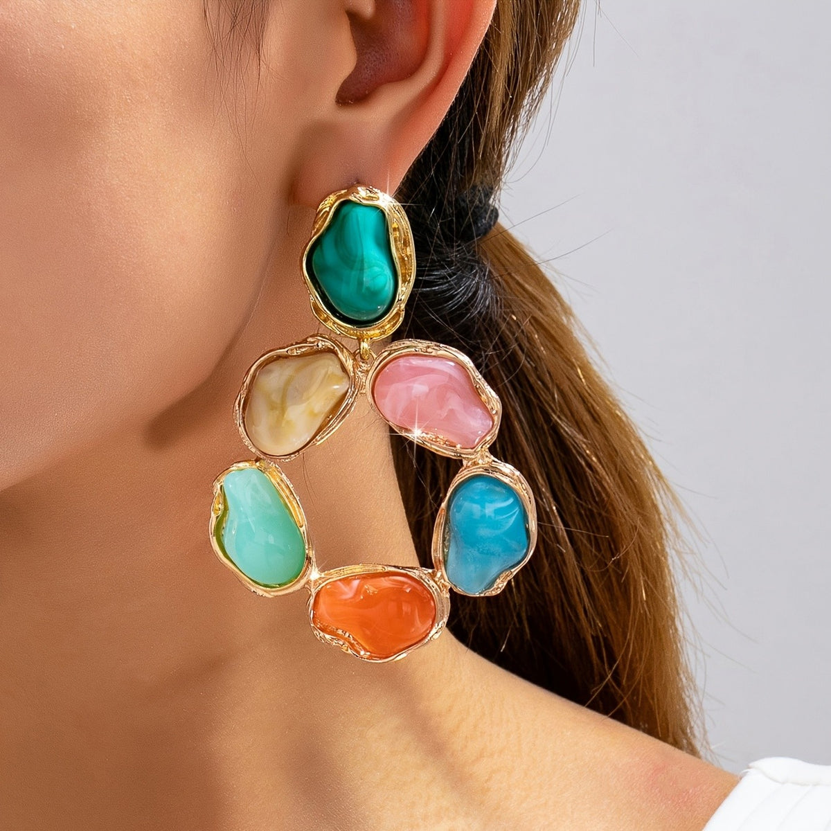 Asymmetric Multi-Color Stone Drop Earrings