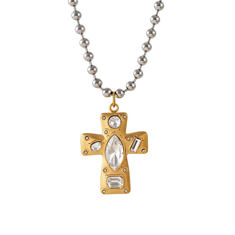 18k Cross Heart Beaded Necklace
