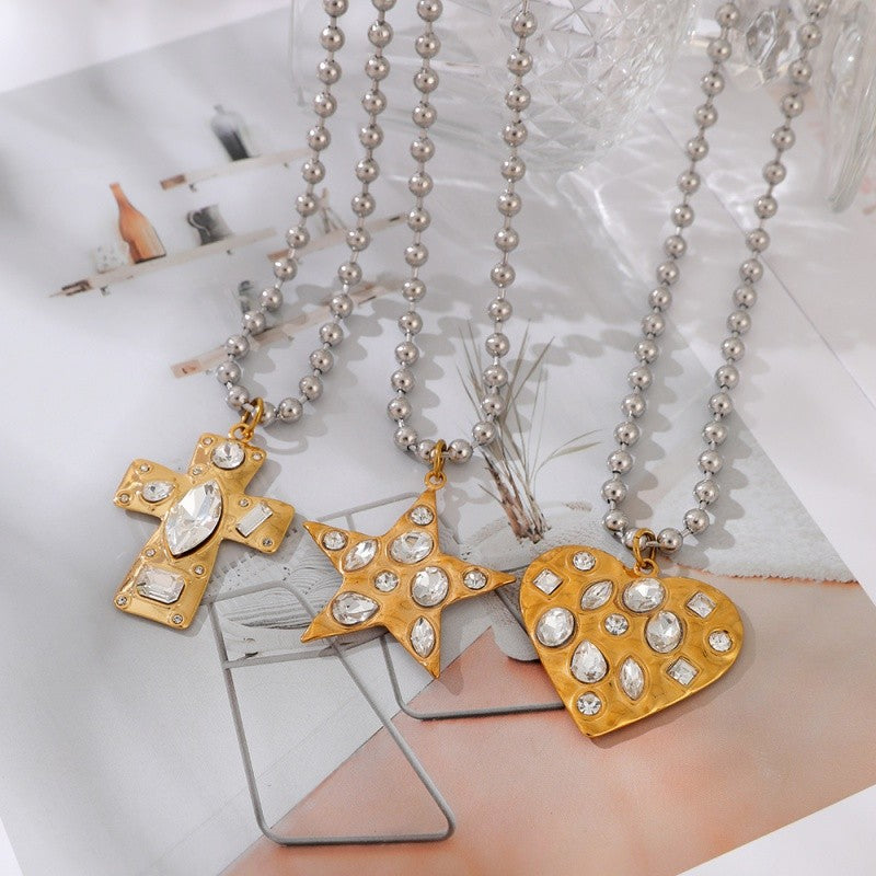 18k Cross Heart Beaded Necklace