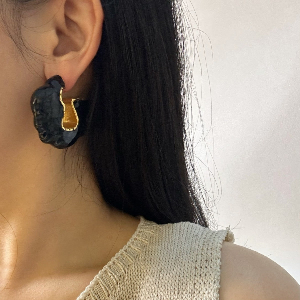 Asymmetric Black Gold Drop Earrings