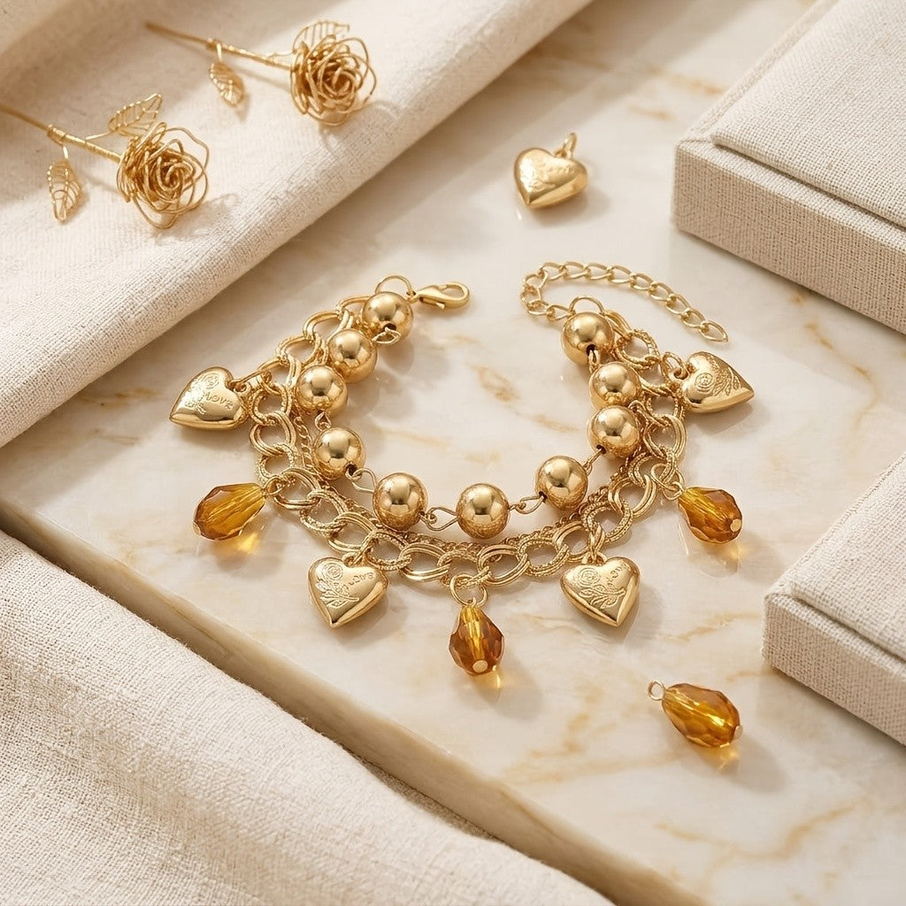 Vintage Layered Heart Charm Bracelet