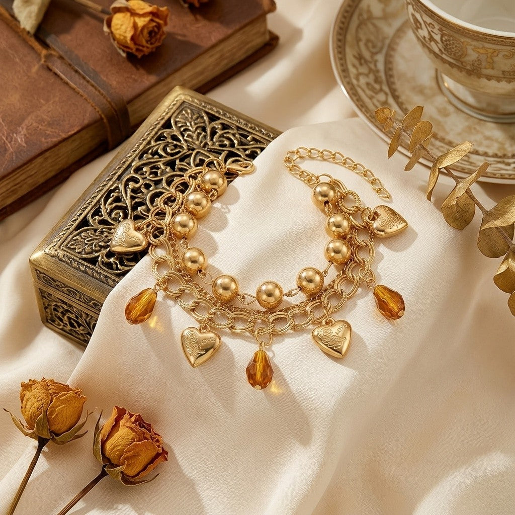 Vintage Layered Heart Charm Bracelet