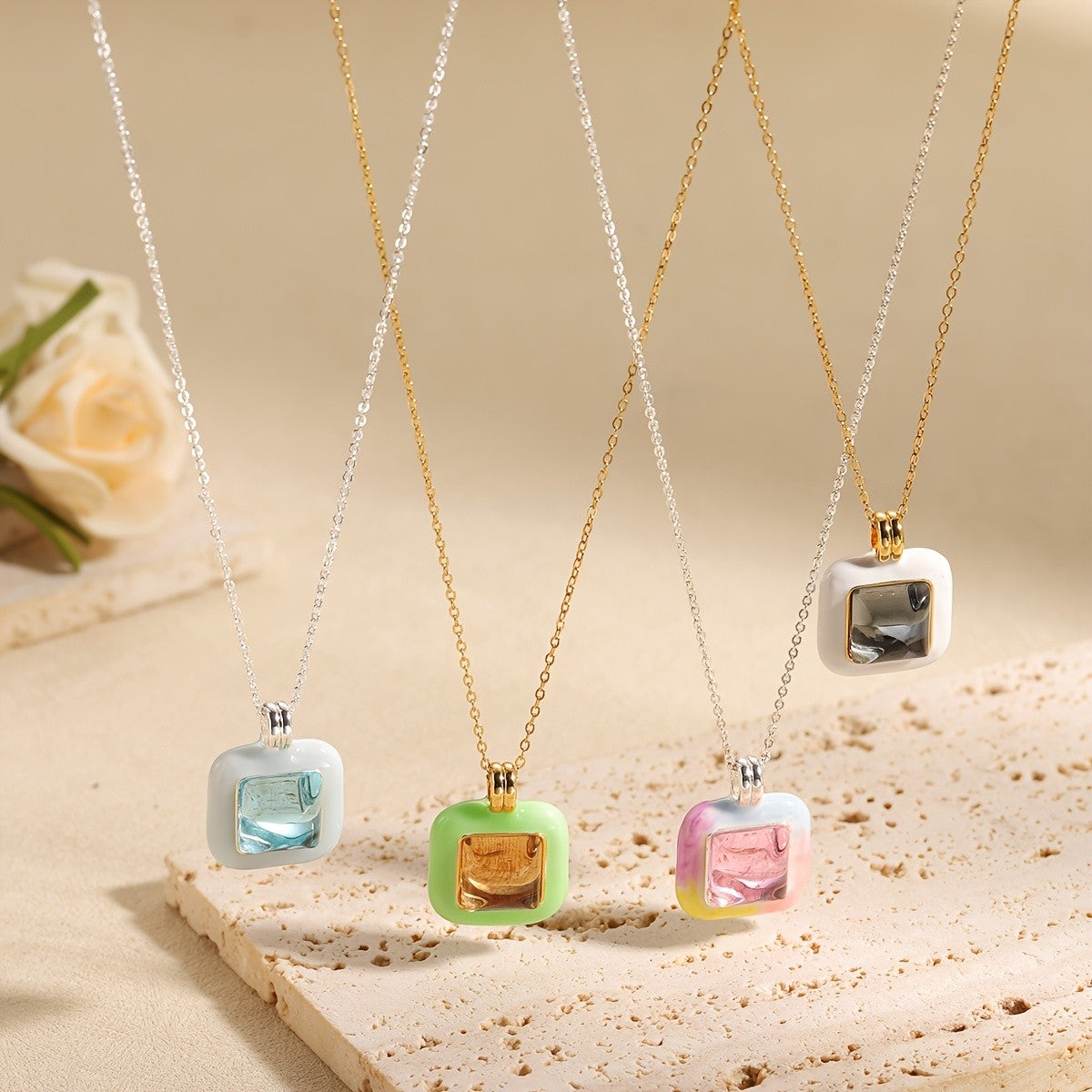 Vintage Square Glass Inlay Necklace