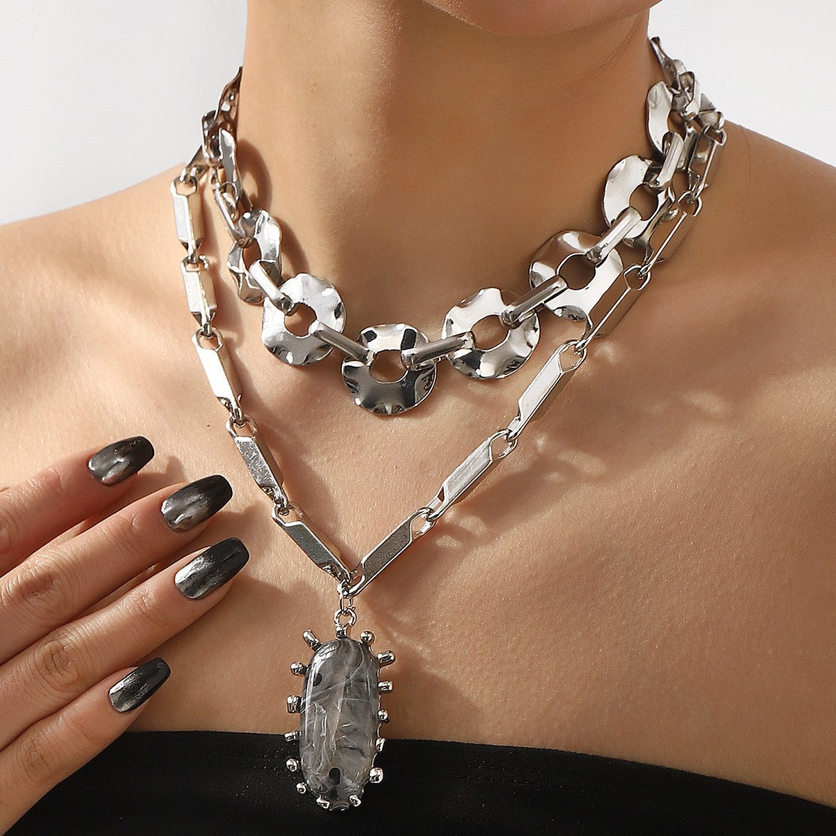 Layered Chain Resin Pendant Necklace