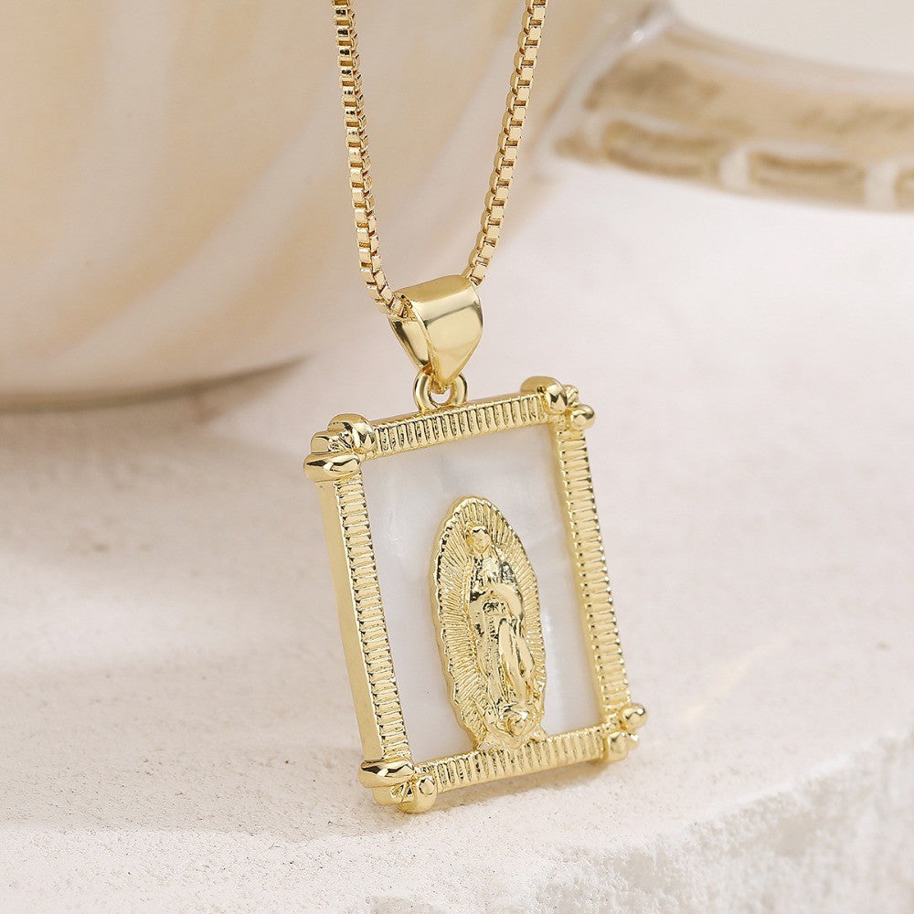 Square Virgin Mary Shell Pendant Necklace