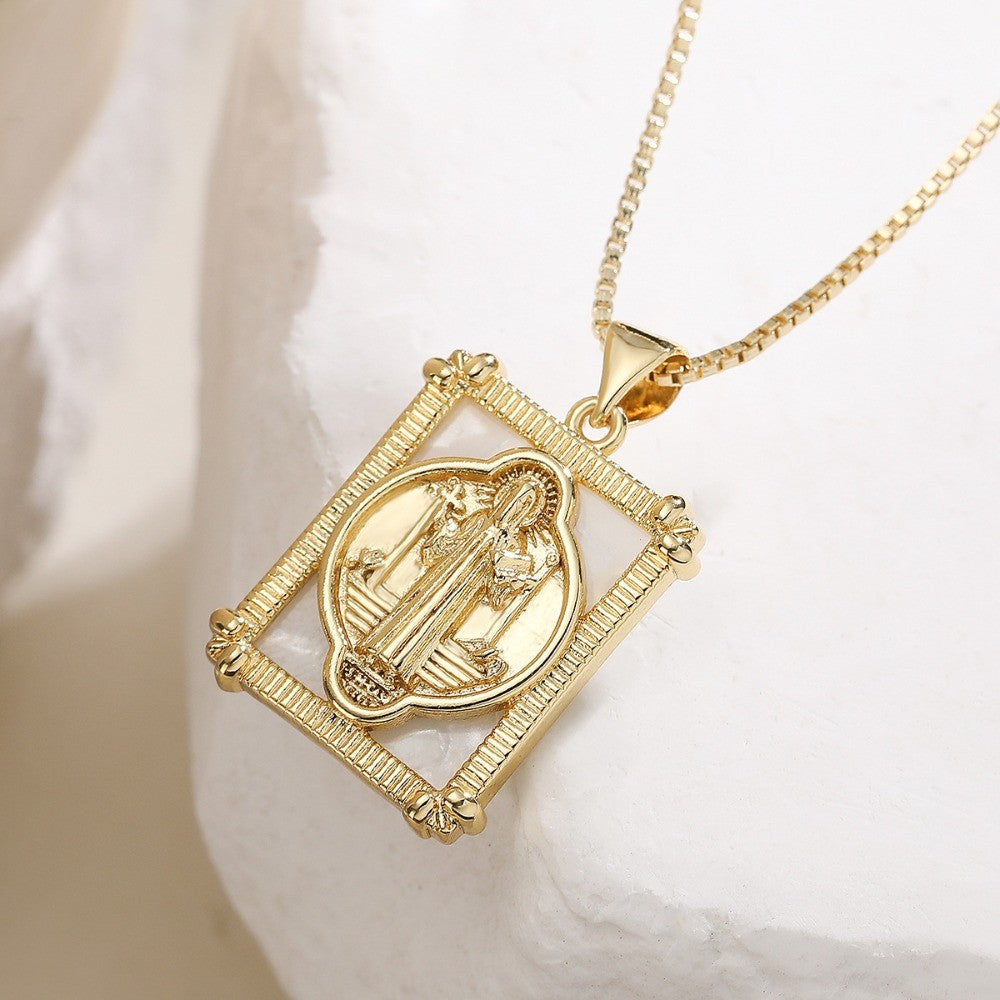 Square Virgin Mary Shell Pendant Necklace