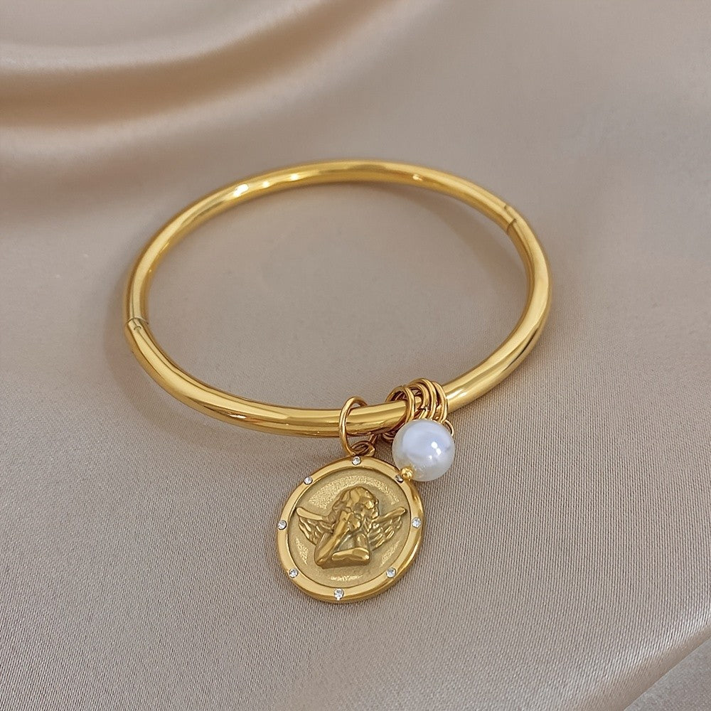 18k Angel Charm Pearl Bangle