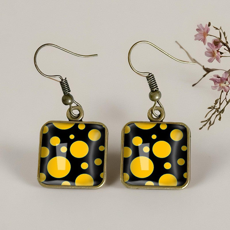 Square Yellow Polka Dot Glass Earrings