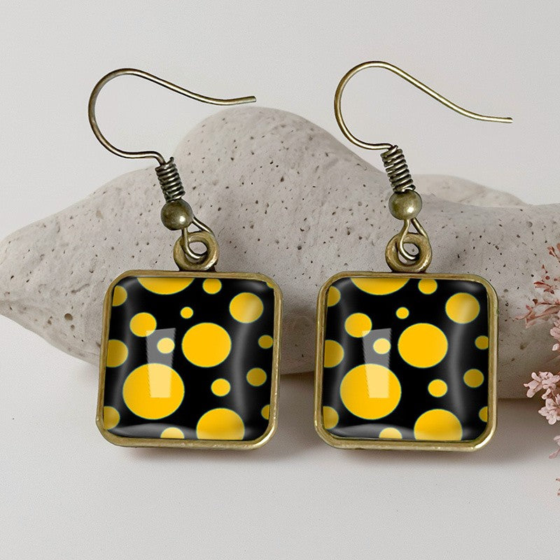 Square Yellow Polka Dot Glass Earrings