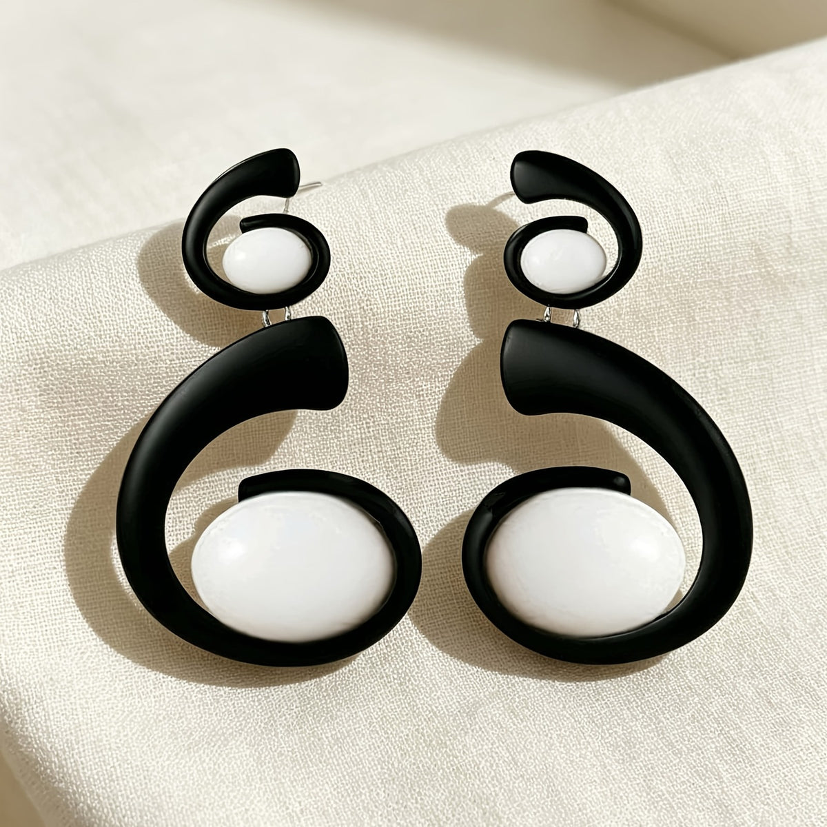 Asymmetric Black Spiral Stone Earrings