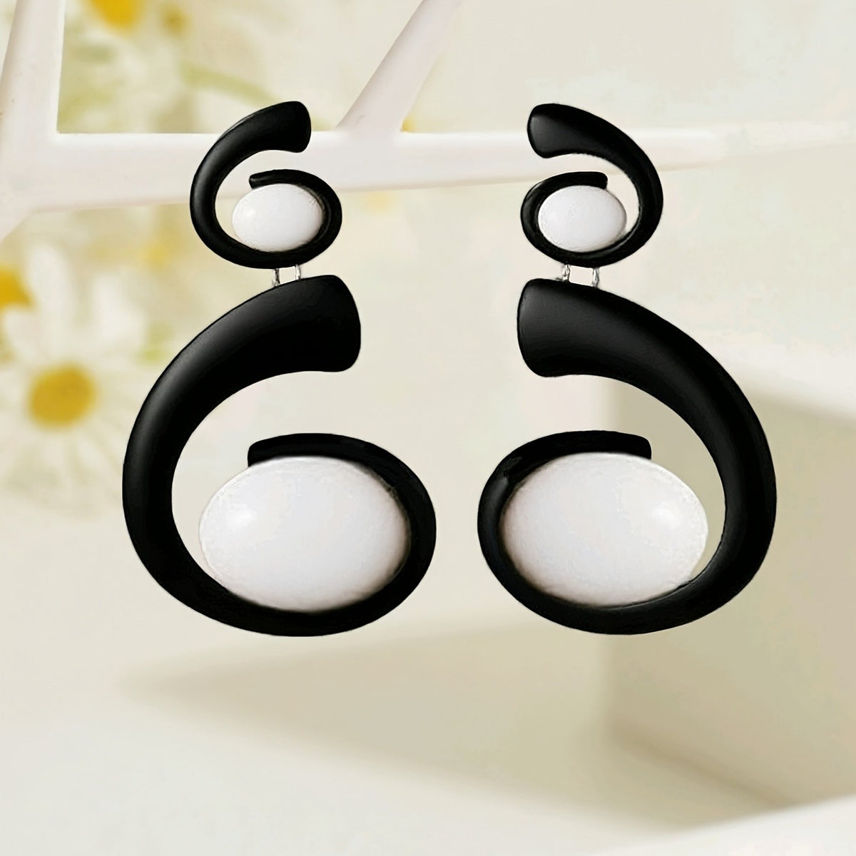 Asymmetric Black Spiral Stone Earrings