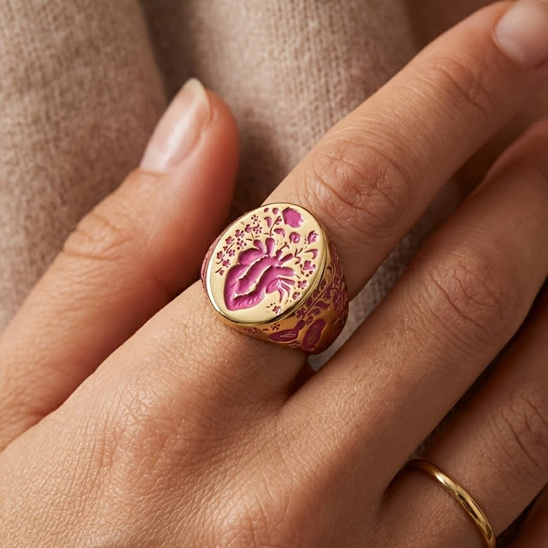 Vintage Floral Heart Wide Ring