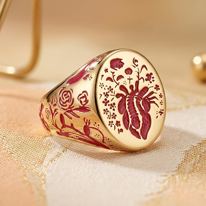 Vintage Floral Heart Wide Ring