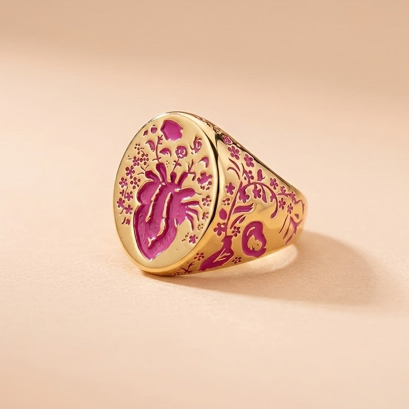 Vintage Floral Heart Wide Ring