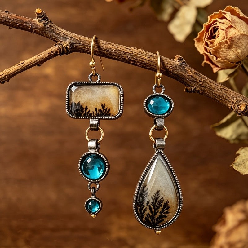 Asymmetric Fern Stone Drop Earrings