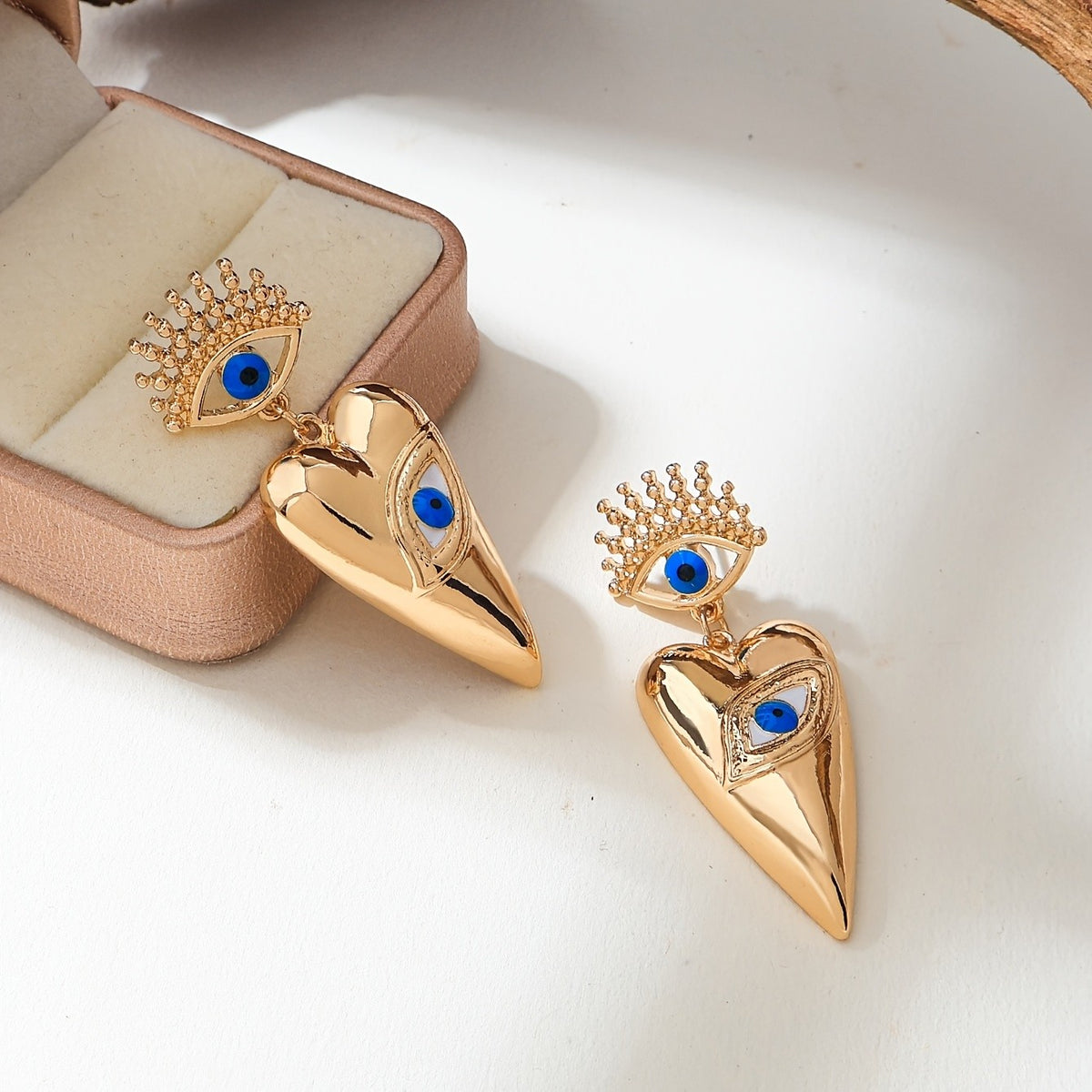 Vintage Gold Heart Evil Eye Earrings
