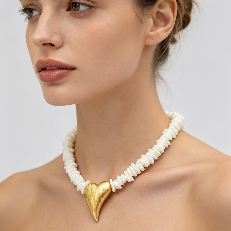 Boho White Bead Heart Necklace