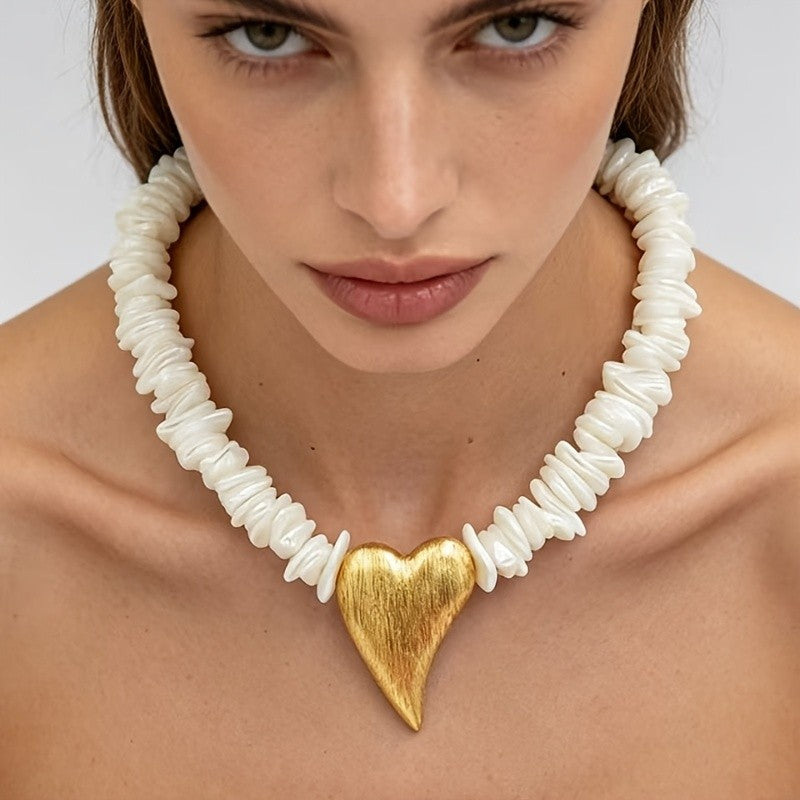 Boho White Bead Heart Necklace
